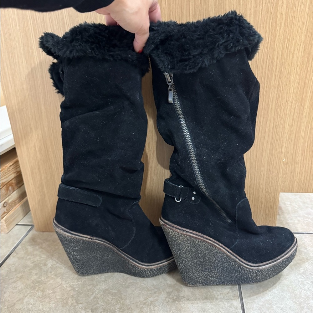Black Faux Fur Wedge Boots